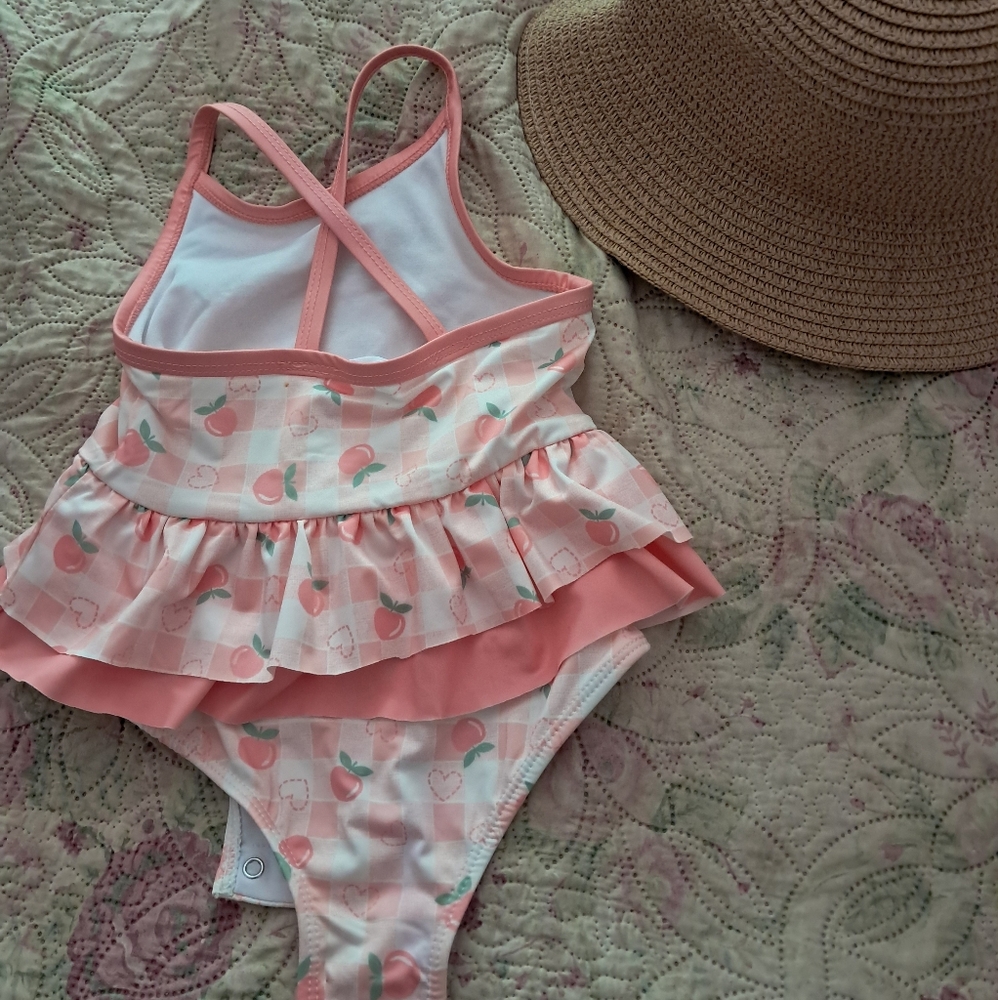 Peach and White One Piece Swimsuit with Ruffled Skirt And Sun Hat Size 18 Months